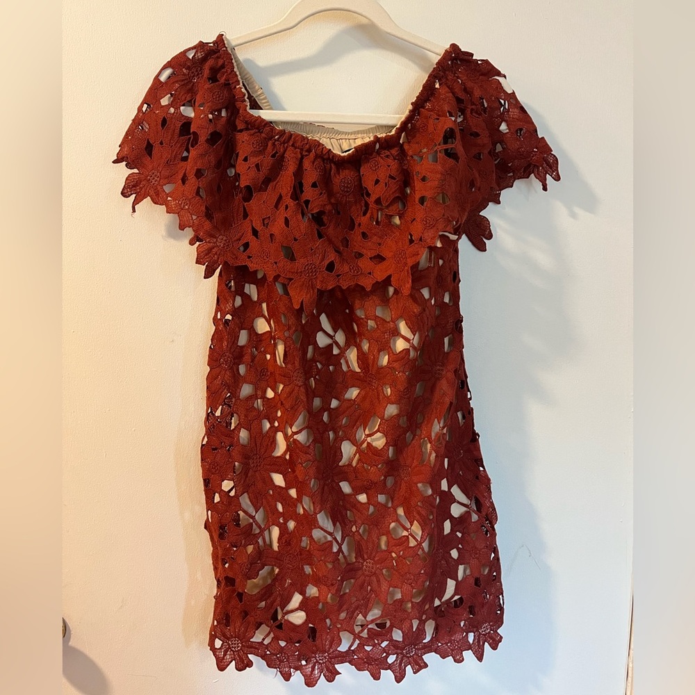 Off the shoulder floral lace mini dress